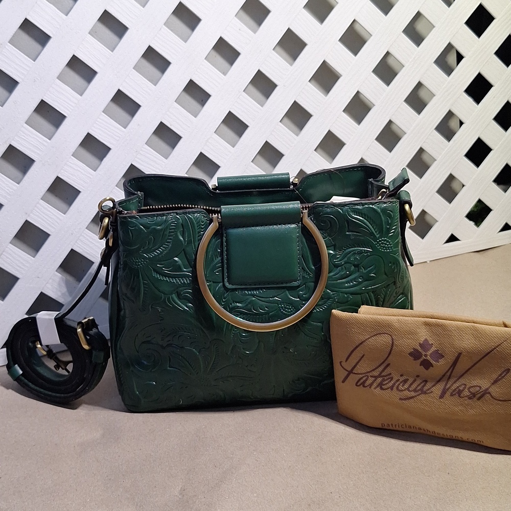 NWT Patricia Nash Empoli Burnished Tooled Leather Green Satchel Crossbody Bag - Picture 2 of 10